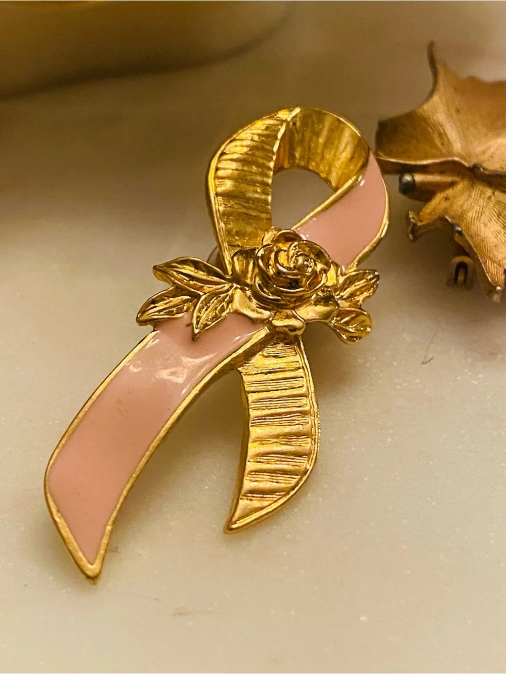 Bundle of Gold-Tone Vintage Brooches – Pink Ribbon, Pink Ribbon & Rose, & Leaf